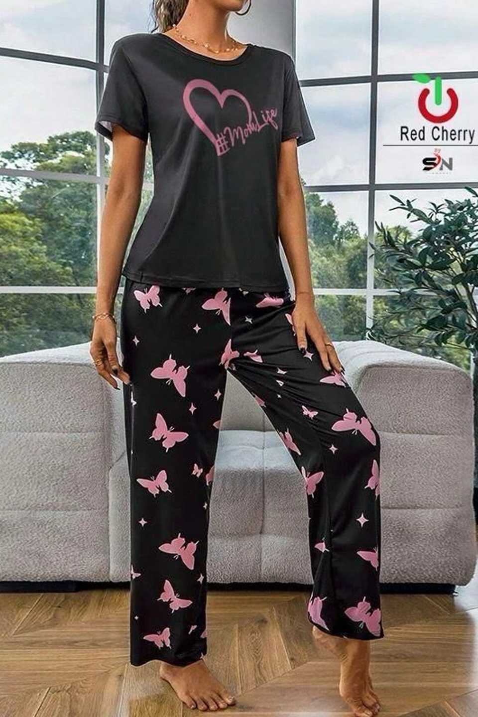Mom Life Printed Night Suit -Black