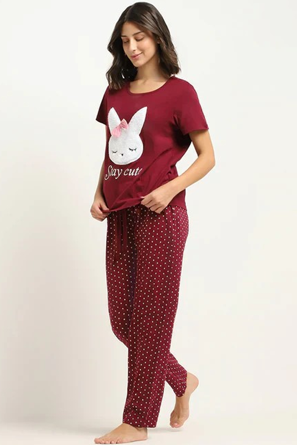 M-Maroon Stay Cute Printed Night Suit