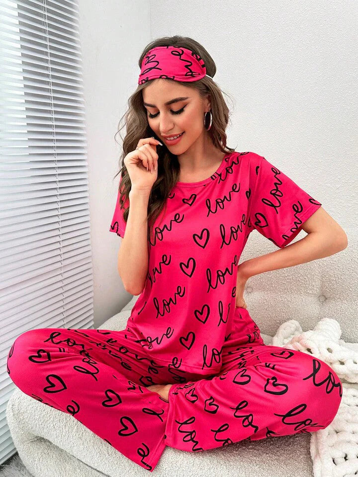 M- Love heart printed night suit -DARK PINK