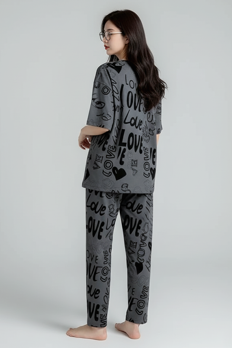 M- GREY Love Printed Night Suit
