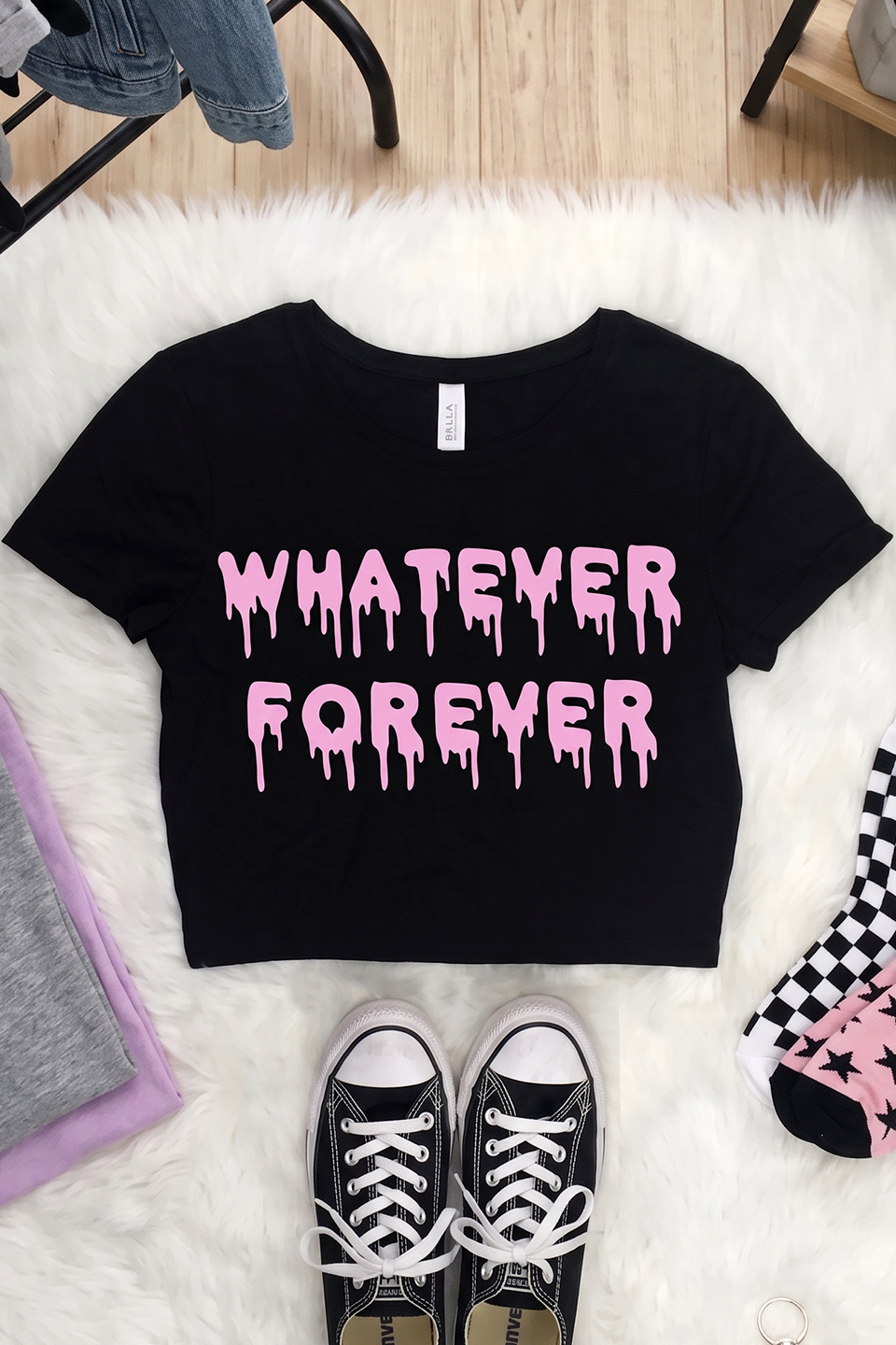 Emerce- WHATEVER FOREVER Printed Half Sleeves CropTop - Black