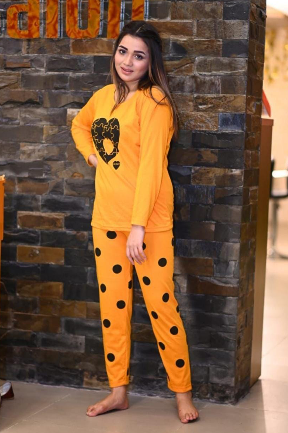 Puzzle Heart Polka Printed PJ Suit