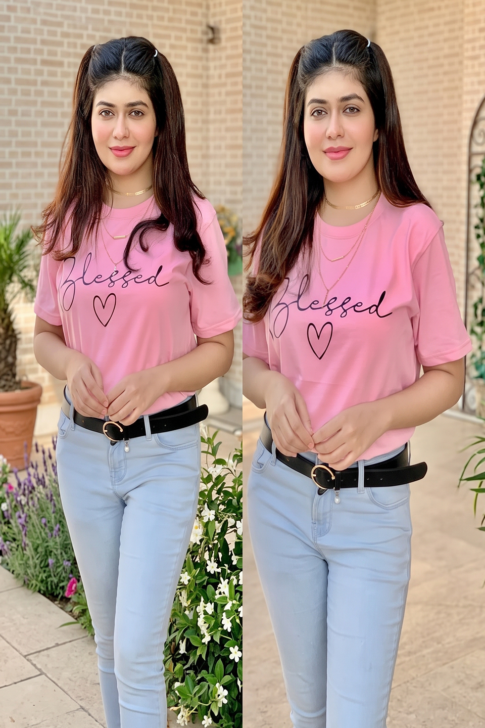 Emerce- Blessed Printed Half Sleeves T-Shirt - Pink
