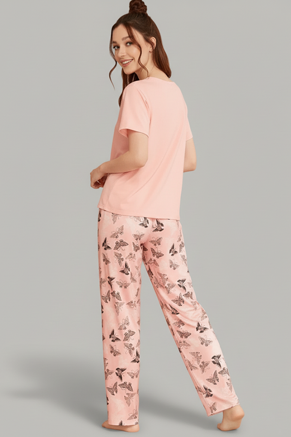 Emerce - M- Baby Pink With Butterfly Printed Pajama Night Suit