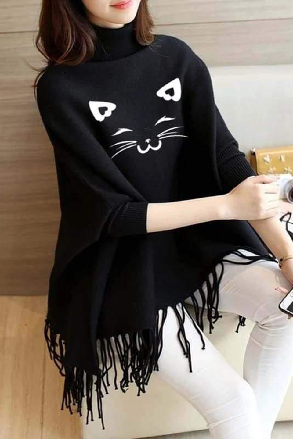 Emerce- Cat Printed Poncho Black - Free Size