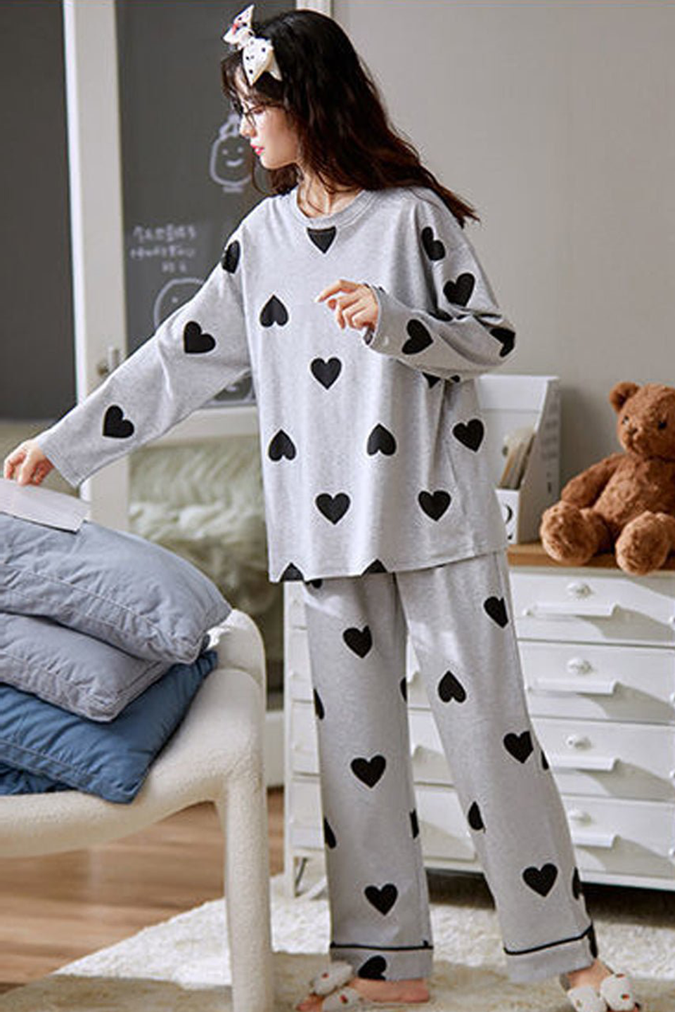 Emerce-Hearts Printed PJ Suit - Grey