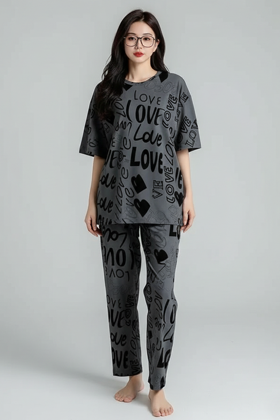 M- GREY Love Printed Night Suit