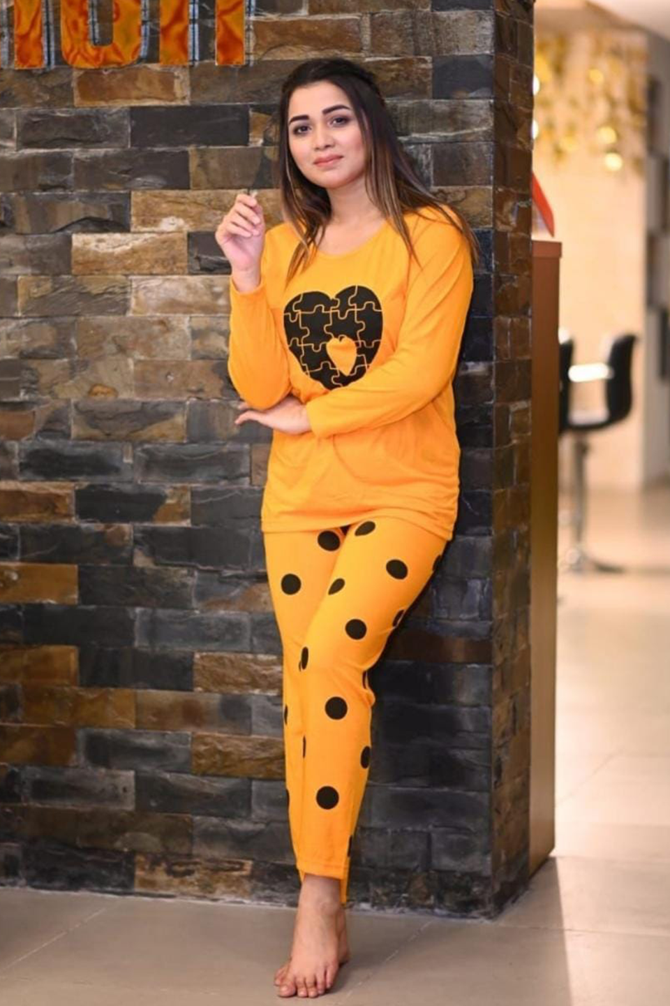 Emerce-Puzzle Heart Polka Printed PJ Suit - Mustard