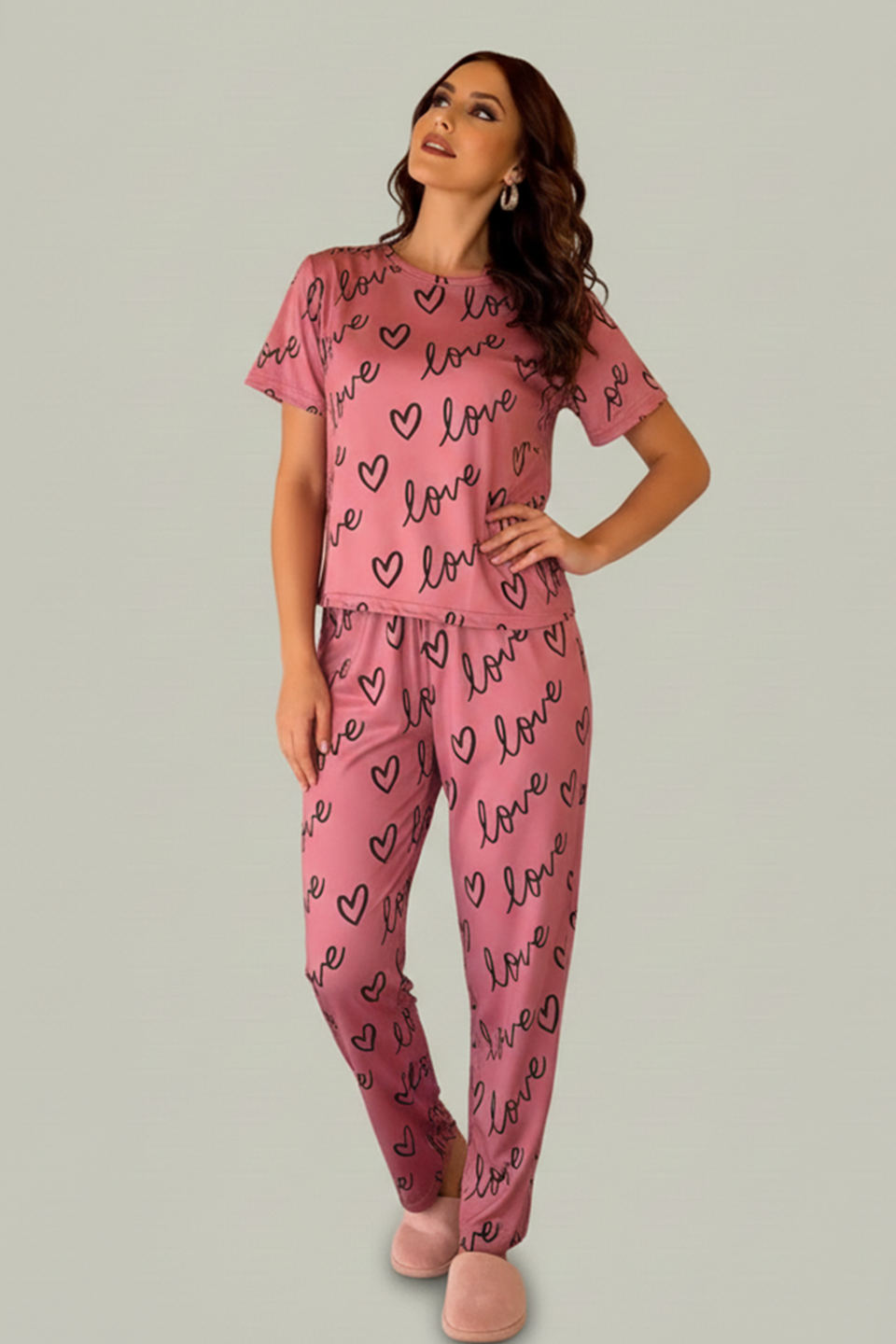 N-Love Printed PJ SET- Tea  Pink