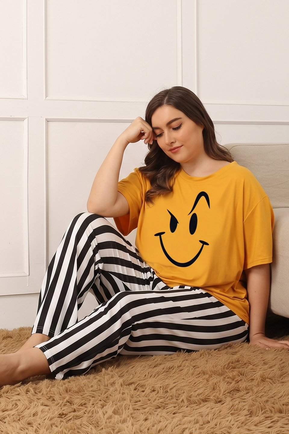 Emerce-Angry Smiley Printed PJ Suit - Mustard