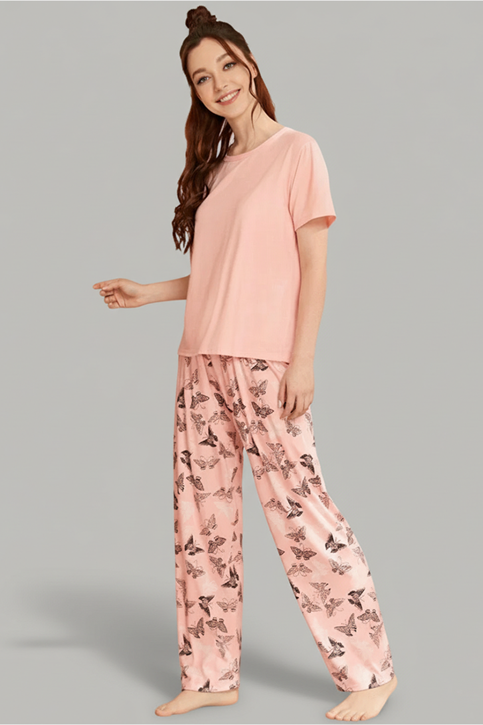 Emerce - M- Baby Pink With Butterfly Printed Pajama Night Suit