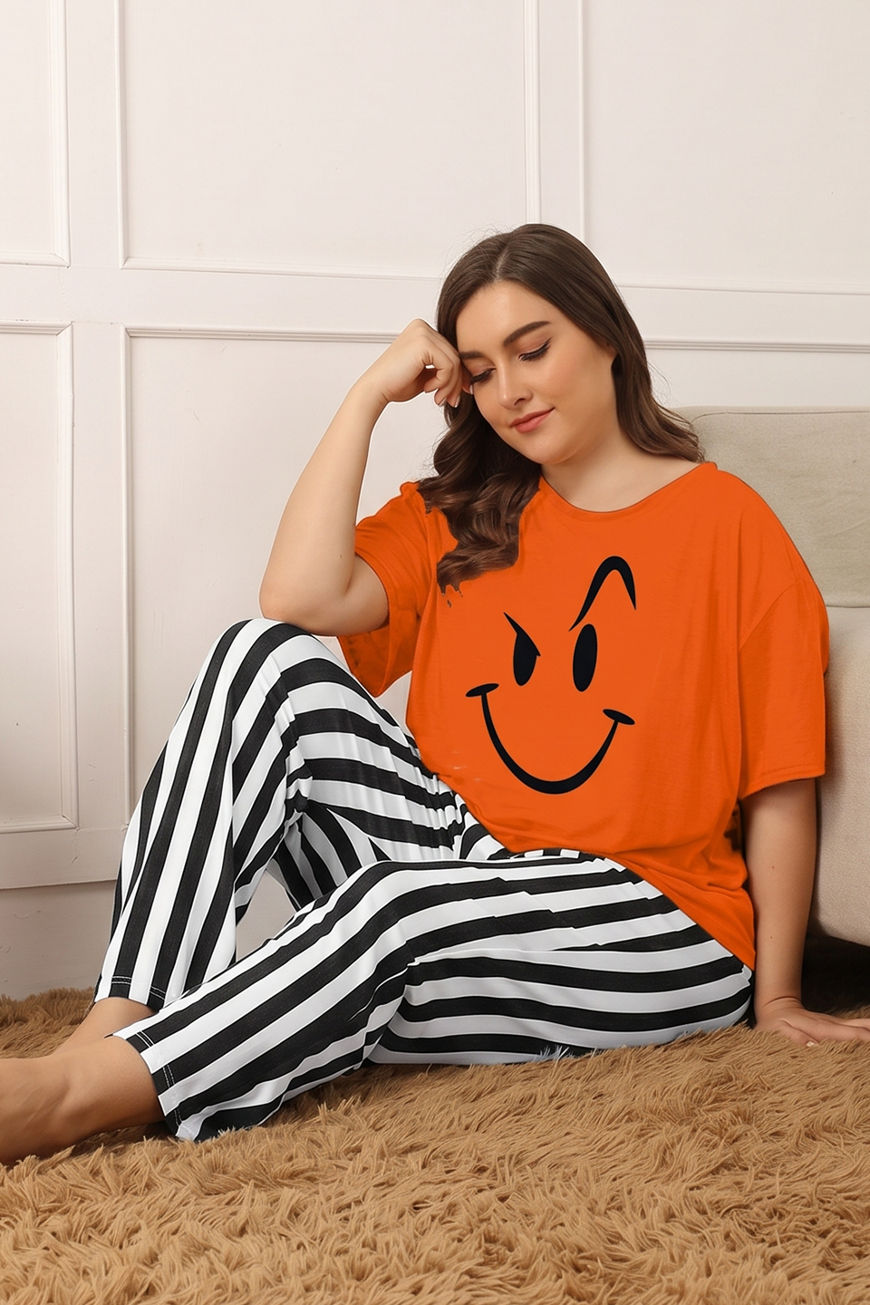 Emerce-Angry Smiley Printed PJ Suit - Orange