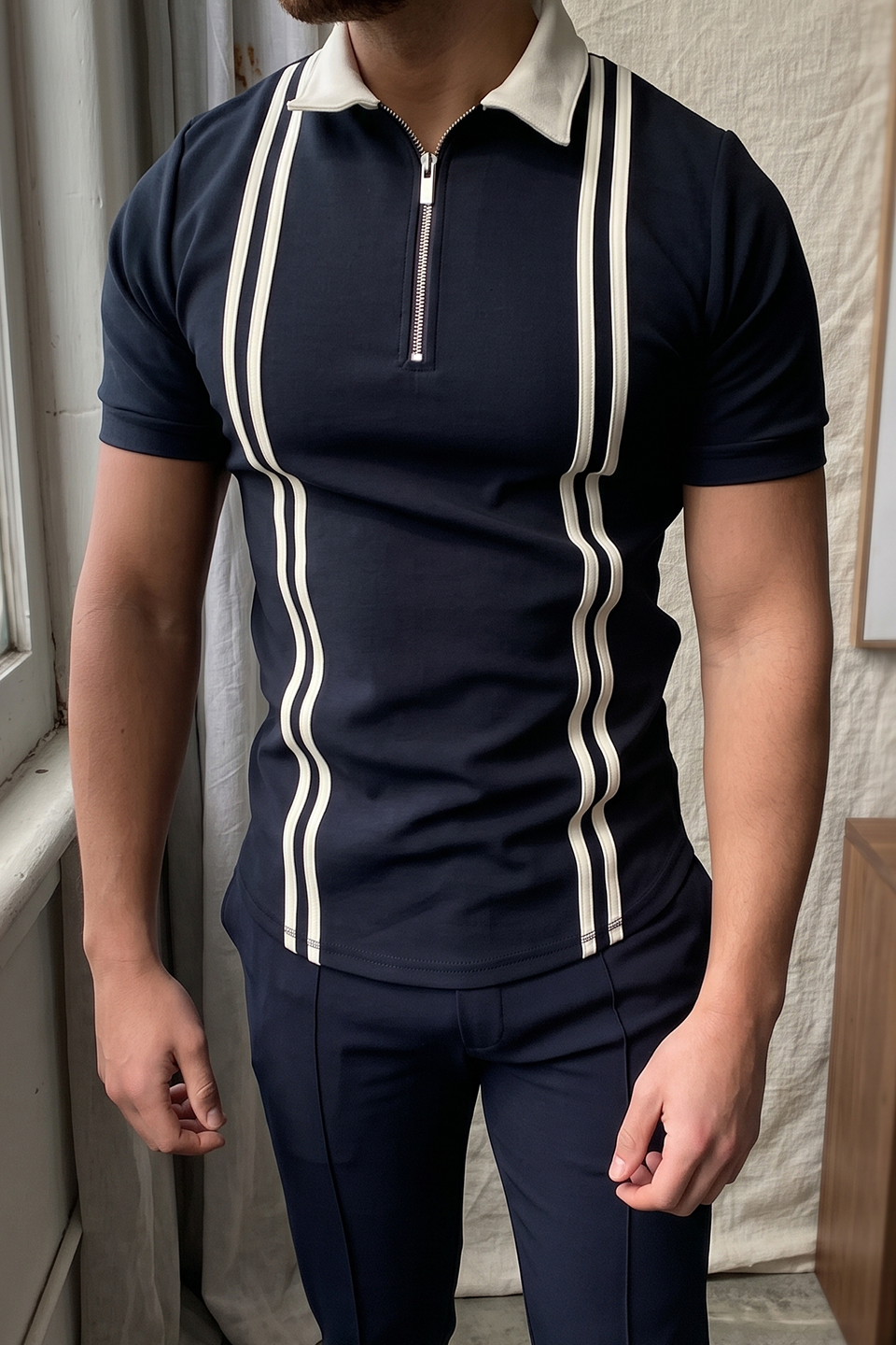 Emerce - Zipper Striped Polo Shirt - NAVY BLUE