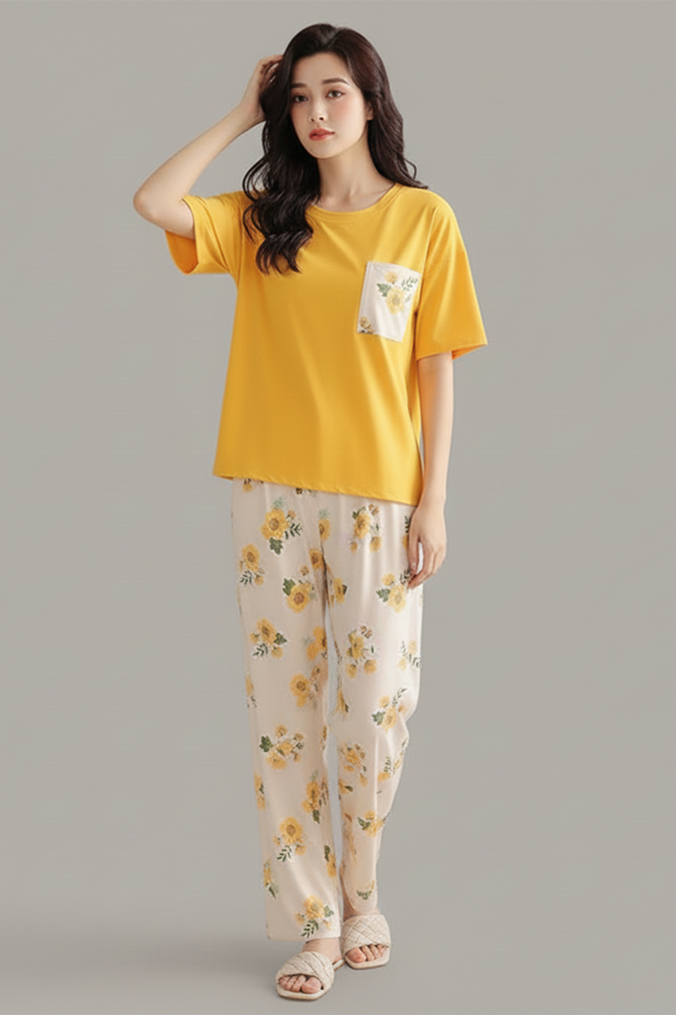 N-Pocket Printed Night Suit - Mustard