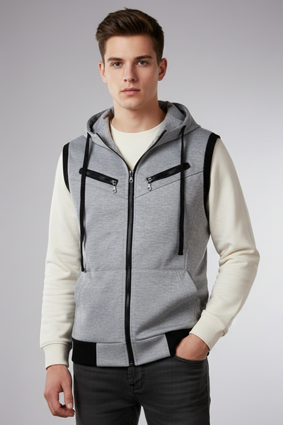 Emerce -GREY Sleeveless Hooded Zipper
