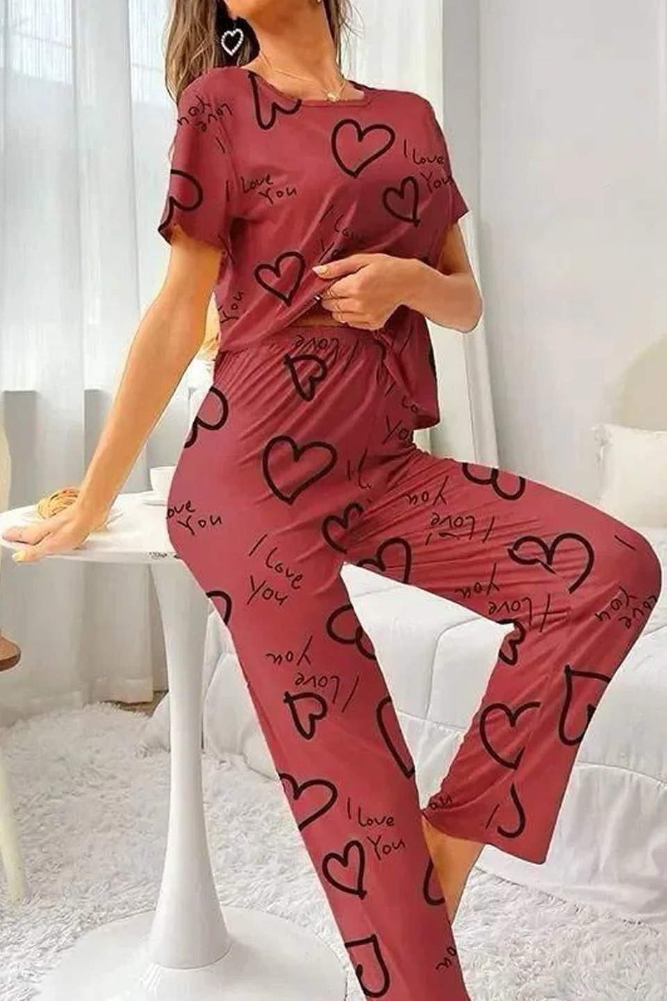 Maroon LOVE HEART PRINTED NIGHT SUIT