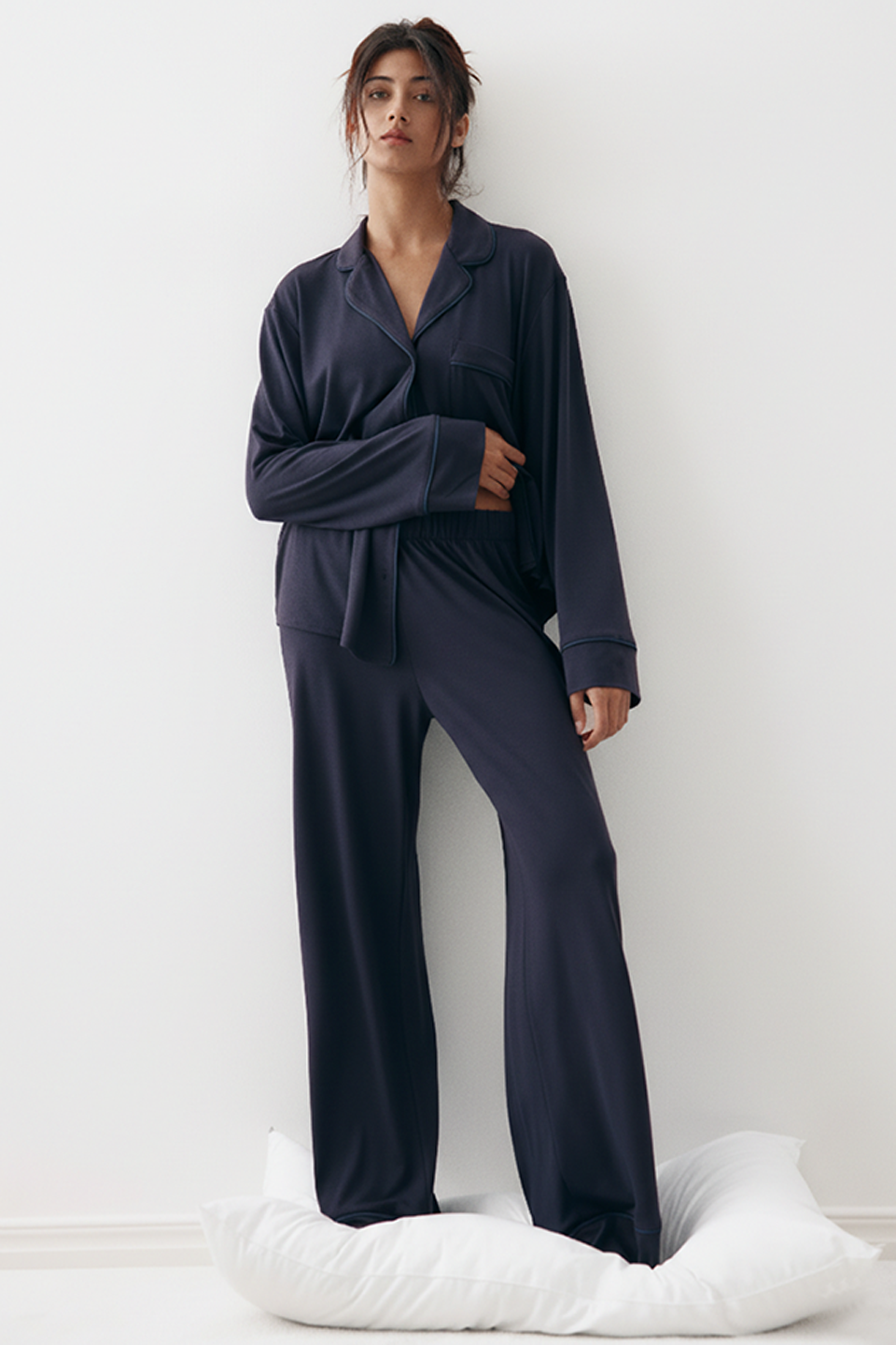 Emerce - Basic Linen Pajama Set - Navyblue