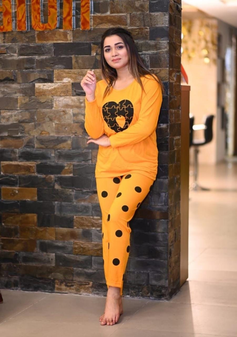 Emerce-Puzzle Heart Polka Printed PJ Suit - Mustard