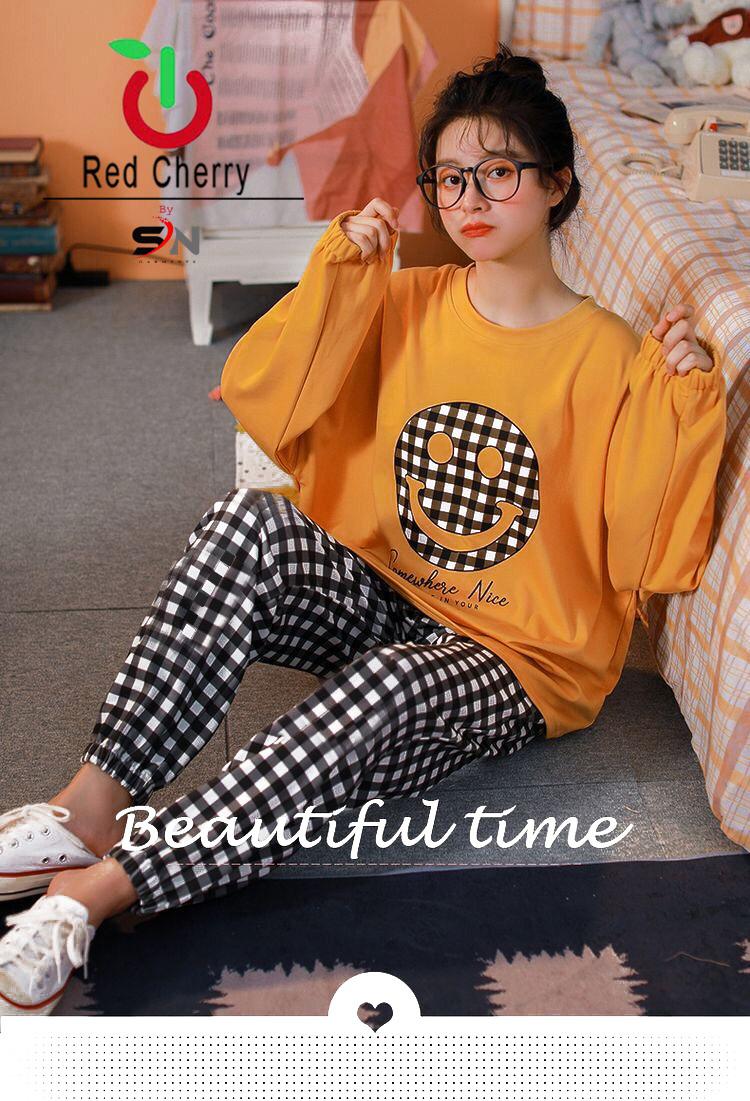 Emerce-Smiley Checkered Donut Printed PJ Suit - Mustard