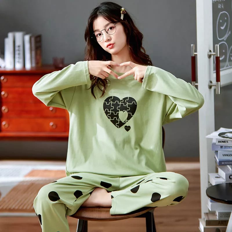 Emerce-Puzzle Heart Polka Printed PJ Suit - Green