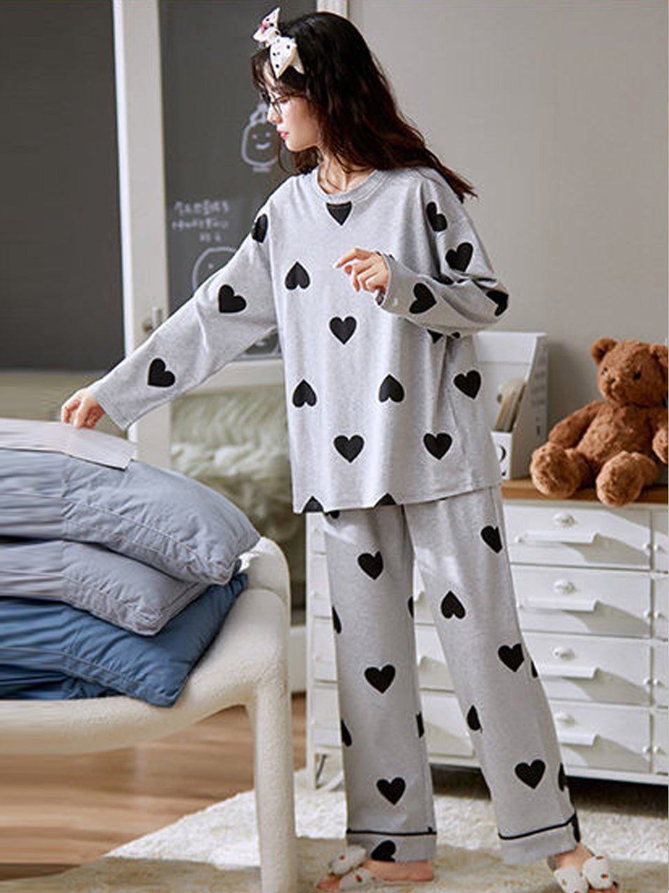 Emerce-Hearts Printed PJ Suit - Grey