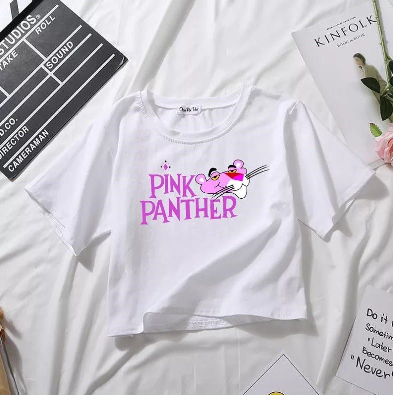 Emerce Pink Panther Printed Half Sleeves Croptop- White