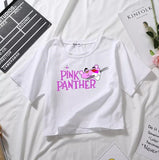 Emerce Pink Panther Printed Half Sleeves Croptop- White