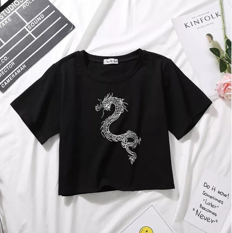 Emerce Dragon Printed Half Sleeves Croptop- Black