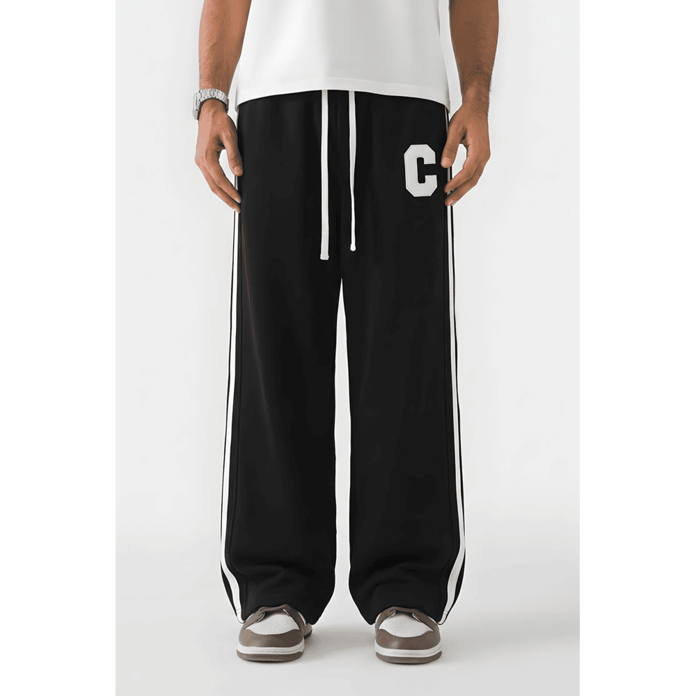 Side Stripe Embroidery Trouser - Black