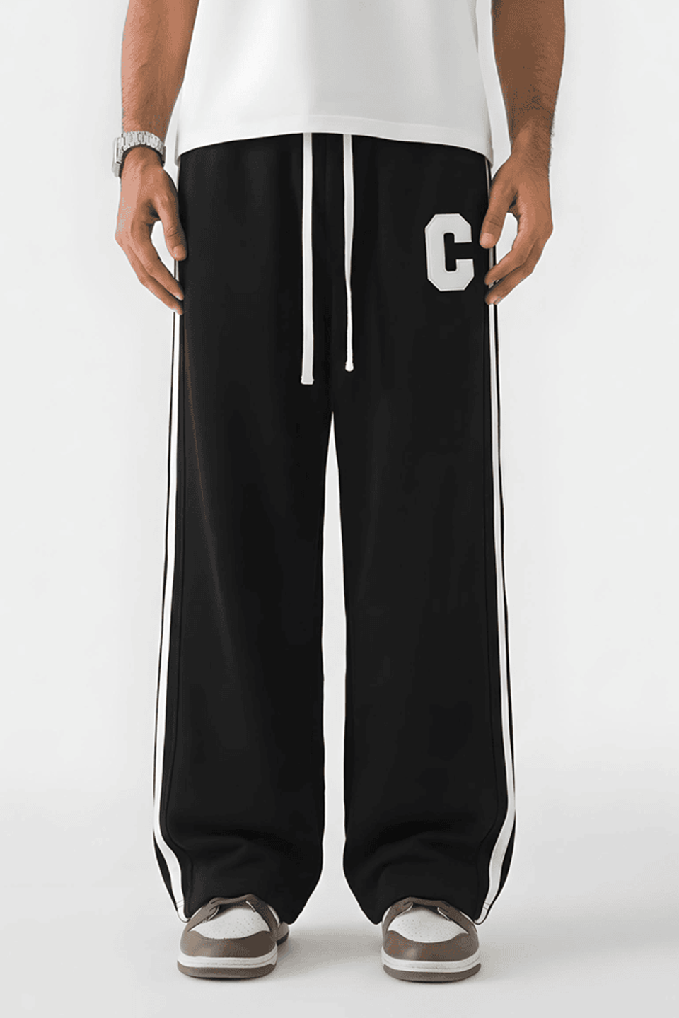 Side Stripe Embroidery Trouser - Black