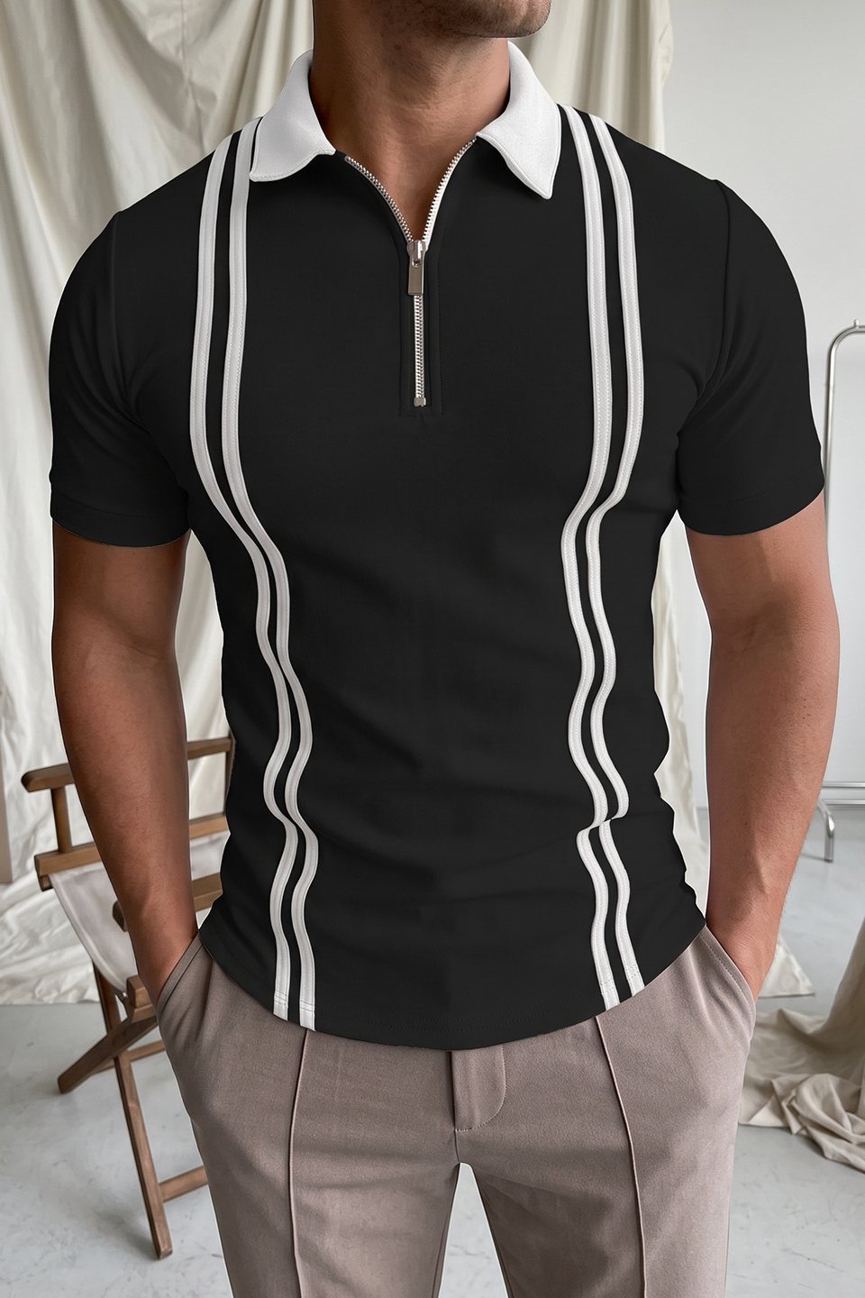 Emerce - Zipper Striped Polo Shirt - BLACK