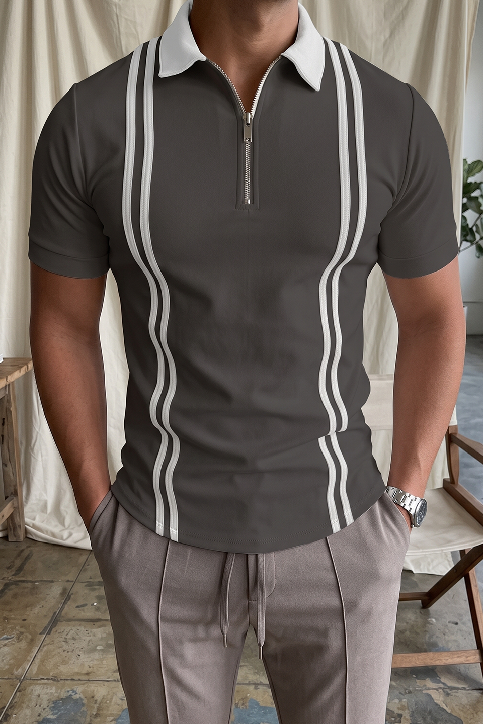 Emerce - Zipper Striped Polo Shirt - GREY