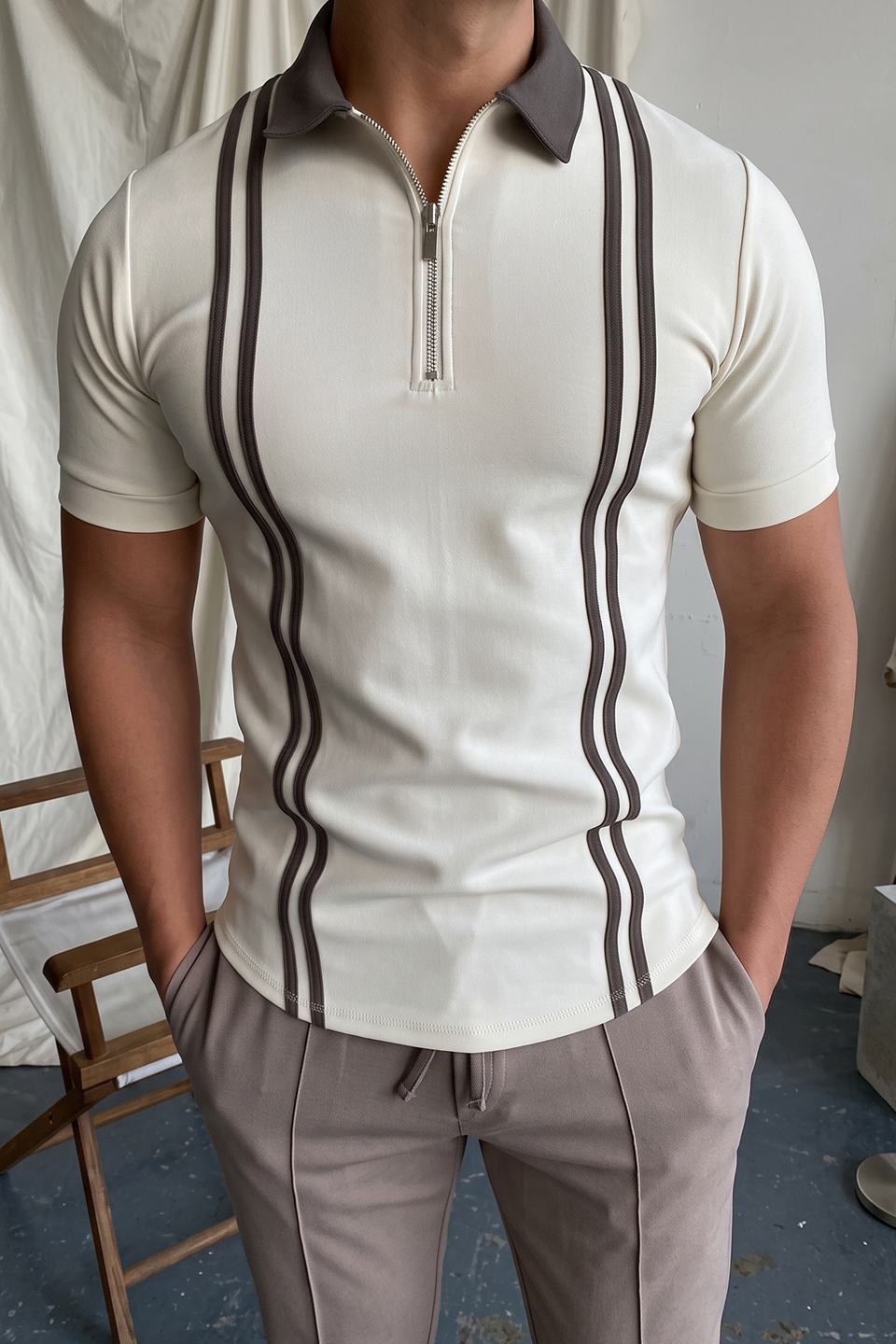 Emerce - Zipper Striped Polo Shirt - White