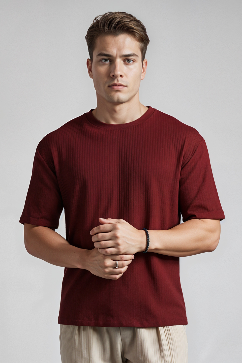 Emerce - Oversized Waffle Knit Tee For Men - Maroon
