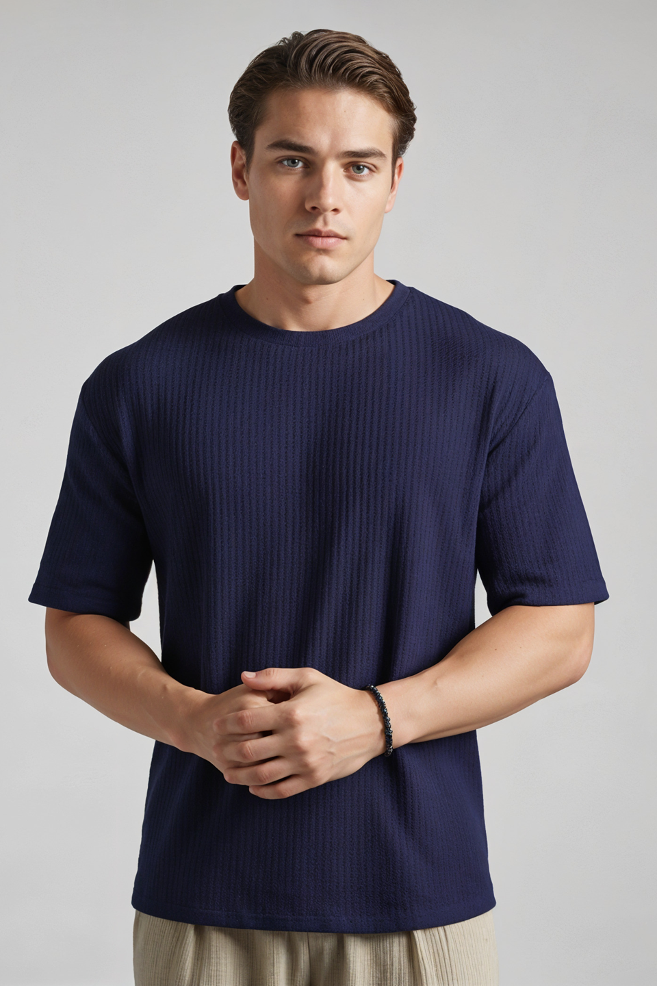 Emerce - Oversized Waffle Knit Tee For Men - Navy Blue