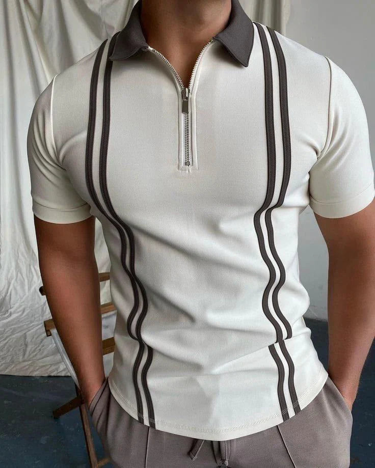 Emerce - Zipper Striped Polo Shirt - White