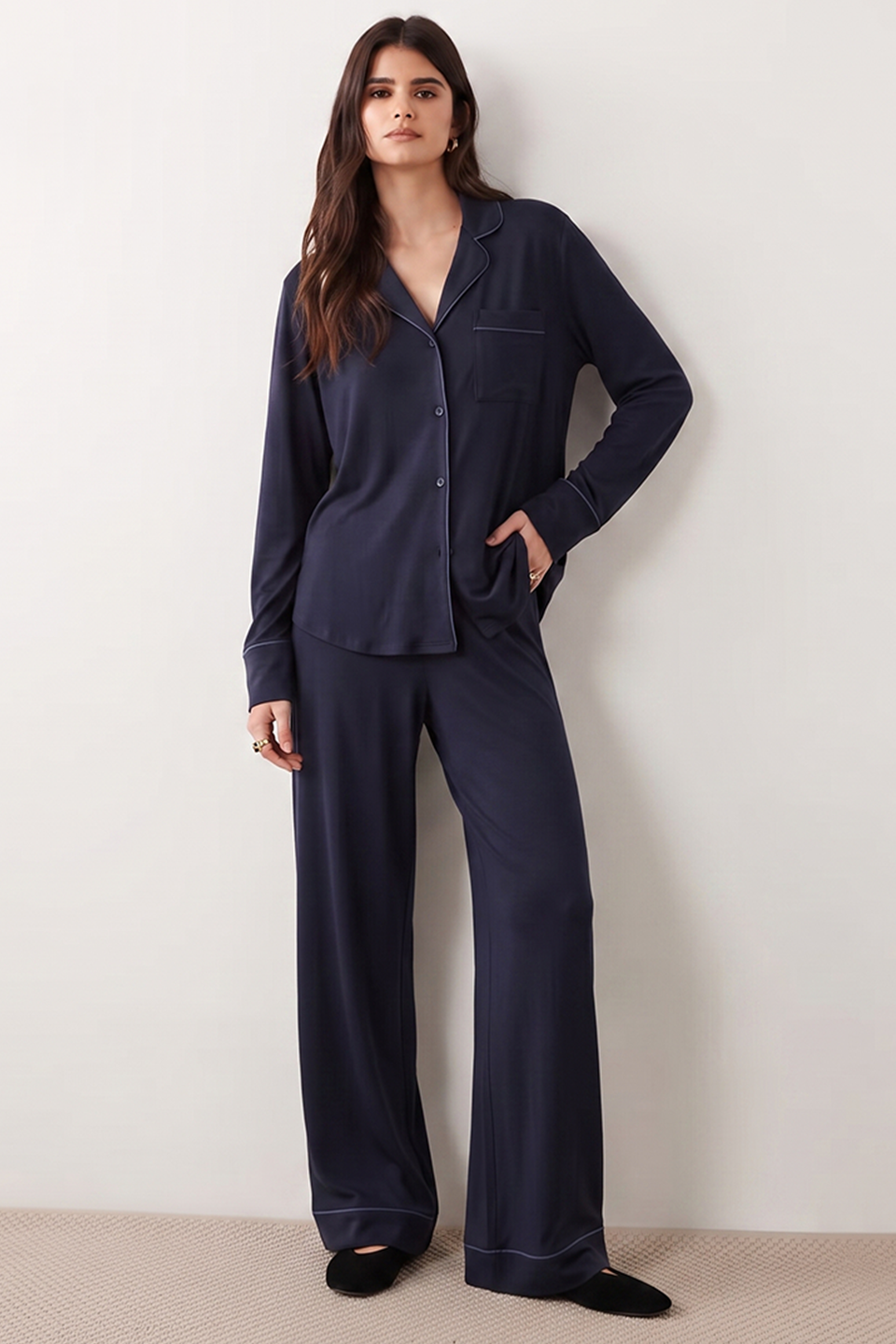Emerce - Basic Linen Pajama Set - Navyblue