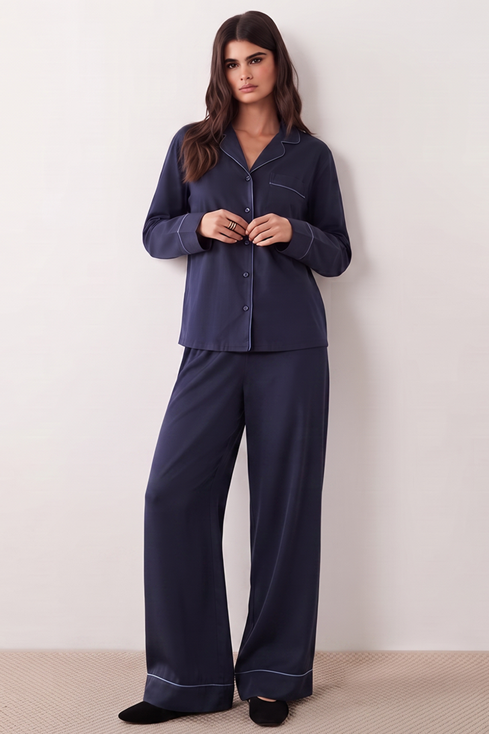 Emerce - Basic Linen Pajama Set - Navyblue