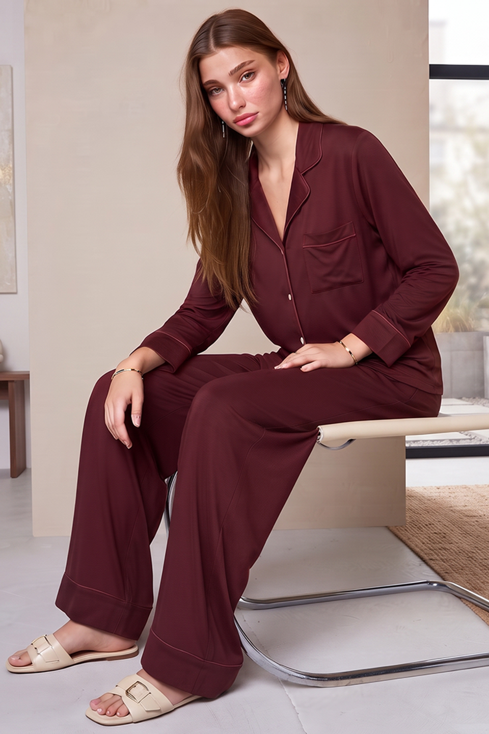 Emerce - Basic Linen Pajama Set - Red